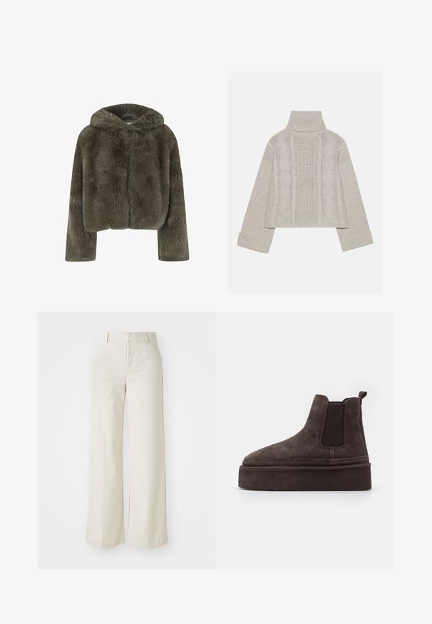 Kratka jakna s kapuco iz temno sivega umetnega krzna. Ima dolge rokave in mehko, teksturirano površino z enostavnim, čistim dizajnom.; Kratka, svetlo siva pletena pulover s visokim ovratnikom in rebrastimi manšetami, ki ima strukturne kabelske vzorce po hrbtu in straneh.; Široke hlače v svetlo bež barvi, izdelane iz gladkega materiala. Imajo klasičen pas in ravno sprednjo stran z čistimi linijami.; Rjave semiš Chelsea čizme z elastičnimi stranskimi paneli in debelim, teksturiranim platformnim podplatom. Imajo zanko na peti za lažje oblačenje.