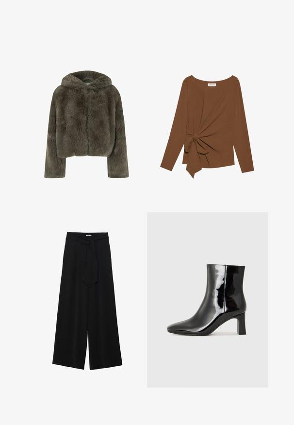 Hættejakke i mørkegrå faux fur med kort længde. Har lange ærmer og en blød, tekstureret overflade med et simpelt, rent design.; Brun langærmet top med en bred halsudskæring og en knude detalje på den ene side, lavet af blødt, tekstureret stof.; Sorte vide bukser i en tekstureret stofkvalitet, med elastisk talje og et aftageligt bånd i taljen for justerbar pasform.; Sort lakeret ankelstøvle med spids tå og en midt-højde blokhæl. Glat tekstur og minimalistisk design.