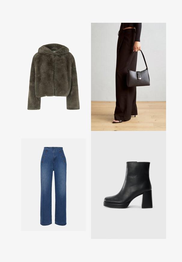 Tamsiai pilkos dirbtinės pūkinės medžiagos trumpa striukė su kapišonu. Turinti ilgas rankoves ir minkštą, struktūruotą paviršių su paprastu, švariu dizainu.; Du suknelės su ilgomis rankovėmis, viena juoda ir viena balta, abi su kvadratiniu iškirpimu ir pagamintos iš minkštos, elastingos medžiagos.; Aukštos liemens džinsai, vidutinio mėlynumo. Yra priekiniai mygtukų akcentai ir plati kojų forma. Audinys turi lygią tekstūrą su lengvu apdailos nusidėvėjimu.; Juodas odinis kulkšninis botas su bloku ir platformos padu, matomas šoniniu vaizdu ant balto fono.; Juodas rankinė struktūrizuota forma, lygi tekstūra ir metalinis užsegimas. Suporuota su plačiomis juodomis kelnėmis ir atvirais bateliais ant medinių grindų.