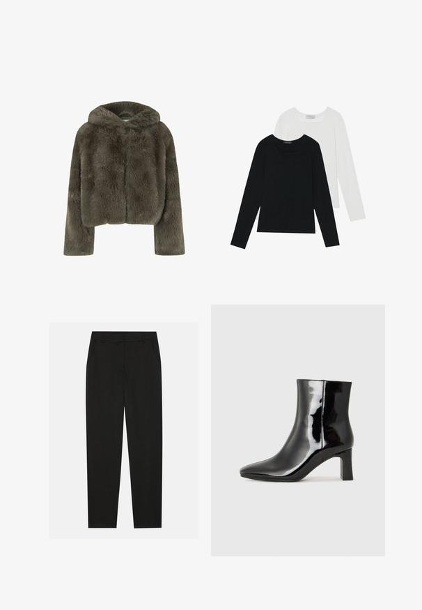 Giacca cropped con cappuccio in morbida pelliccia sintetica grigio scuro. Presenta maniche lunghe e una superficie soffice e testurizzata con un design semplice e pulito.; Due magliette a maniche lunghe, una nera e una bianca, entrambe con scollo quadrato e realizzate in un tessuto morbido e elasticizzato.; Pantaloni neri dal design sartoriale, con tasche laterali e gamba dritta. Realizzati in tessuto liscio e leggero con una finitura elegante.; Stivaletto in pelle verniciata nera con punta a punta e tacco a blocco di altezza media. Texture liscia e design minimalista.