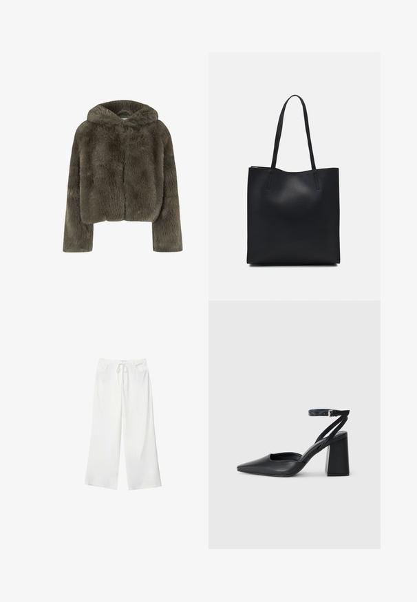 Korte gewatteerde jas met capuchon in donkergrijs nepbont. Heeft lange mouwen en een zachte, textuurrijke oppervlakte met een eenvoudig, strak ontwerp.; Zwart kort mouw kort T-shirt met ronde hals en eenvoudig ontwerp, plat gelegd op een witte achtergrond.; Witte wijde broek van zacht materiaal, met een koordsluiting in de taille en twee steekzakken. Soepele textuur en geen zichtbare patronen.; Zwarte leren puntige pump met een enkelbandje en een chunky hak. Vlakke textuur, strakke vormgeving en minimalistische esthetiek.; Zwarte leren handtas met een gladde textuur, rechthoekige vorm en twee lange handvaten. Geen zichtbare hardware of versieringen.