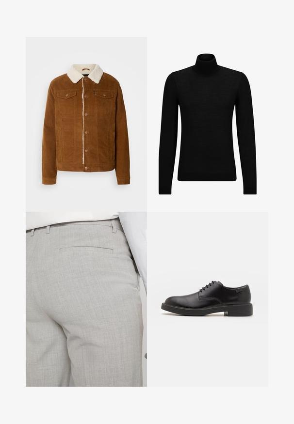 INDICODE JEANS Chaqueta de entretiempo - rubber; Jersey de cuello alto negro hecho de un material suave, con mangas largas y un ajuste ceñido. Ribete acanalado en el dobladillo y los puños. Diseño simple.; Pantalones grises claros a medida hechos de tela texturizada, con un solo bolsillo trasero y costuras limpias.; Zapato negro de cuero con cordones, punta redondeada, textura suave, costuras mínimas y tacón bajo de goma. Logo en el tacón.