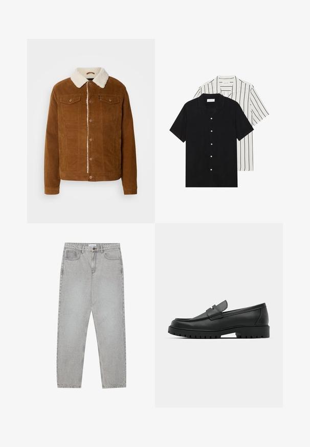 INDICODE JEANS Viegla jaka - rubber; Divi īsām piedurknēm krekli: viens pilnīgi melns, otrs balts ar melnām vertikālām svītrām. Abi ir aprīkoti ar pogu aizdari un klasisko apkakli.; Gai pelēko džinsu bikses ar taisnajām kājām, piecu kabatu stilu un pogu aizdari. Redzama šuvju apstrāde gar šuvēm.; Melnas ādas loafers ar noapaļotu purngalu, ar izšūtu dizainu, zemu platformas zoli un teksturētu, rievotu gumijas ārējo zoli.