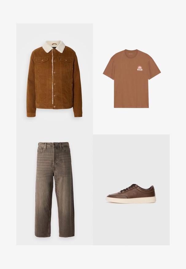 INDICODE JEANS Light jacket - rubber; Brown short-sleeve t-shirt made of cotton, featuring a pink sun graphic and "SOLAR" text on the left chest. Crew neck design.; Brown wide-leg jeans made from denim. Features a zip fly, belt loops, and five pockets. The fabric shows a faded, textured appearance.; Brown leather sneakers with a smooth finish, round toe, and cream rubber sole. Features black laces and subtle branding on the side.