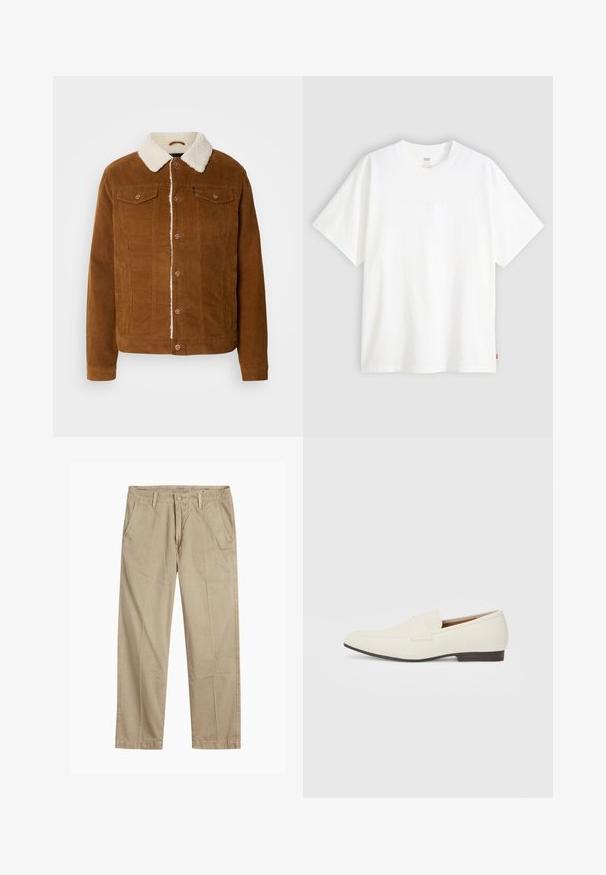 INDICODE JEANS Giacca da mezza stagione - rubber; T-shirt bianco a maniche corte in cotone con collo rotondo. Presenta un discreto dettaglio logo in rilievo sulla parte frontale e un'etichetta rossa sull'orlo.; Chinos beige a gamba dritta con passanti per cintura, chiusura frontale a bottone e zip, e tasche laterali inclinati.; Mocassini beige chiaro con punta affusolata, materiale liscio, una fascia sulla tomaia e una suola bassa marrone. Design semplice con accenti minimi.