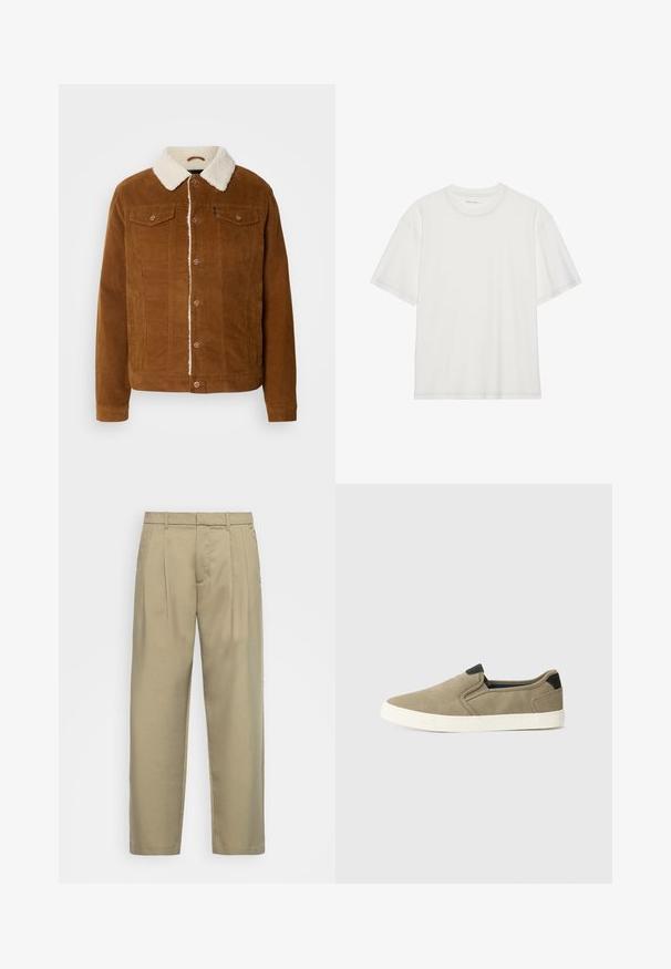 INDICODE JEANS Übergangsjacke - rubber; Weißes Baumwoll-T-Shirt mit kurzen Ärmeln, rundem Ausschnitt und kontrastierenden Nähten entlang des Ausschnitts und der Ärmel.; Beige, hochgeschnittene Hose mit geradem Schnitt, flachem Bund, Seitentaschen und einem glatten, strukturierten Stoff.; Taupe Schlupfschuhe mit einer strukturierten Stoffoberfläche, kontrastierendem schwarzen Absatz und weißer Gummisohle. Perforiertes Design für Atmungsaktivität.