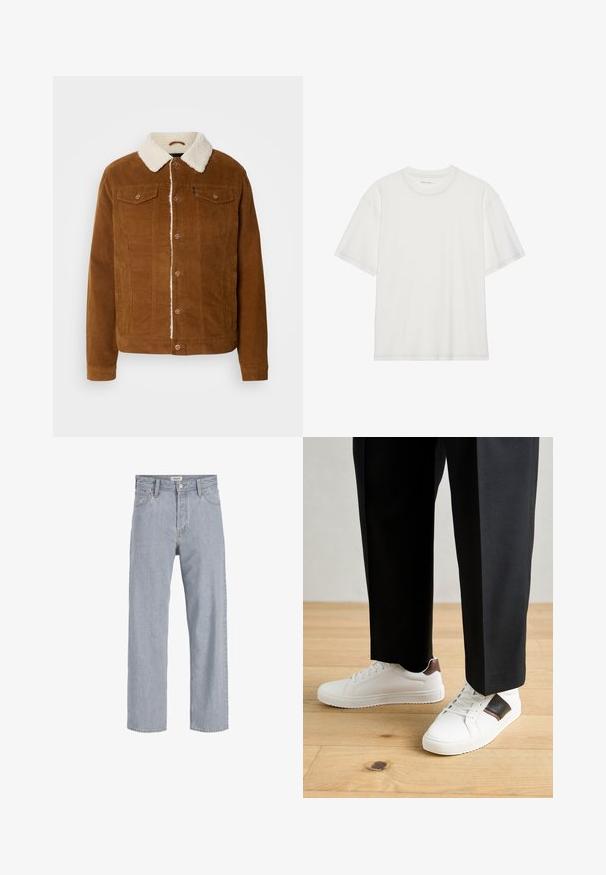 INDICODE JEANS Übergangsjacke - rubber; Weißes Baumwoll-T-Shirt mit kurzen Ärmeln, rundem Ausschnitt und kontrastierenden Nähten entlang des Ausschnitts und der Ärmel.; Helle blaue Jeans aus Denim mit lockerer Passform, geradem Bein, sichtbaren Nähten, zwei vorderen Taschen und einem Knopfverschluss.; Weiße Sneakers mit glatter Textur, versehen mit braunen Lederakzenten und schwarzen Details, kombiniert mit schwarzen maßgeschneiderten Hosen. Hintergrund aus Holzboden.