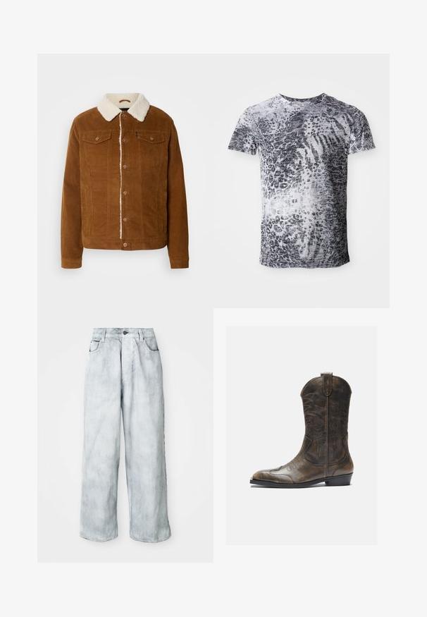 INDICODE JEANS Light jacket - rubber; Short-sleeve t-shirt in gray and white with a leopard print pattern. Made from a soft fabric with a crew neck design.; Light-wash wide-leg jeans with a high waist, front button and zip closure, belt loops, and front and back pockets.; Brown leather cowboy boot with a tall shaft, pointed toe, intricate stitching patterns, and a small heel. Textured finish throughout.