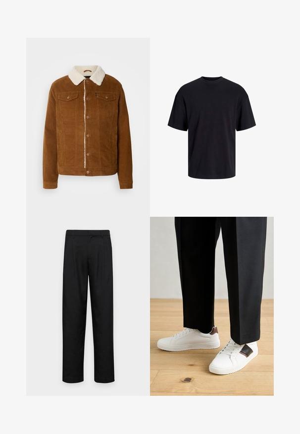 INDICODE JEANS Lahka jakna - rubber; Črna bombažna majica s krojačkom izrezom, kratkimi rokavi in sproščenim krojem. Gladka tekstura in brez vidnih vzorcev ali poudarkov.; Črne hlače iz gladkega materiala, s krojem ravne noge, dvema sprednjima pregiboma in standardnim pasom z zankami za pas.; Beli športni copati z gladko teksturo, okrašeni z rjavimi usnjenimi detajli in črnimi poudarki, v kombinaciji s črnimi krojenimi hlačami. Ozadje iz lesenih tal.