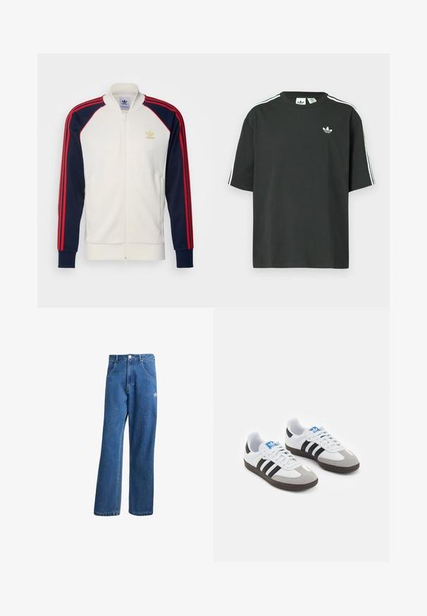 Adidas track jacket in cream with navy sleeves and red stripes, zip-up front, ribbed cuffs, and small gold logo on chest.; Black cotton t-shirt with short sleeves, crew neckline, and white three-stripe detailing on shoulders. Features a small white logo on chest.; Blue high-waist wide-leg denim jeans with front pockets, belt loops, button closure, and small Adidas logo on the right thigh.; Sport shoes with a white leather upper, gray suede toe, and three black stripes. Features a blue logo on the tongue and a textured rubber sole.