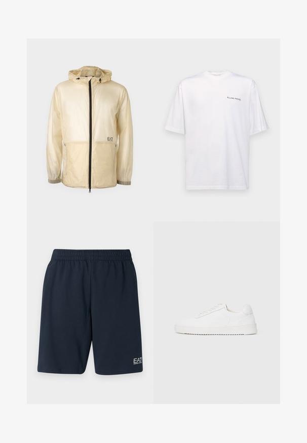 Casaco leve beje à prova de vento com capuz, apresentando um zíper frontal completo, punhos elásticos e um logótipo bordado no lado esquerdo.; T-shirt branca de manga curta em algodão com decote em V, apresentando um logótipo preto "FILLING PIECES" impresso do lado esquerdo.; Calções de cintura elástica azul-marinho feitos de tecido suave, com bolsos laterais e um pequeno logotipo branco EA7 na parte inferior da perna esquerda.; Sapatilha branca com um cabedal de couro suave, bico arredondado, atacadores, detalhes texturizados nas laterais e uma sola de borracha grossa. Design minimalista.