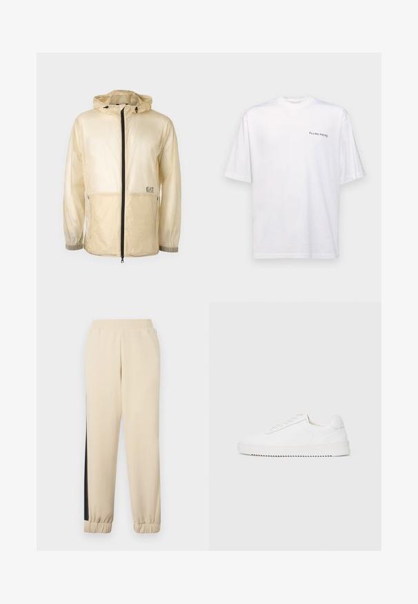 Lengvas smėlio spalvos vėjyje apsaugojantis džemperis su kapišonu, turintis pilną priekinį užtrauktuką, elastines rankogalves ir siuvinėtą logotipą kairėje pusėje.; Baltas trumpas rankovės marškinėliai iš medvilnės su v-kaklu, su juodu "FILLING PIECES" logotipu, spausdintu kairėje pusėje.; Kremo spalvos sportinės kelnės su juodomis šoninėmis juostelėmis, elastingu juosmeniu ir ribotu rankogaliu. Minkšta medžiaga, laisvas siluetas.; Balti sportbačiai su lygiu odiniu viršumi, apvaliu nosiu, raišteliais, tekstūruotomis šoninėmis detalėmis ir storu guminio pado. Minimalistinis dizainas.