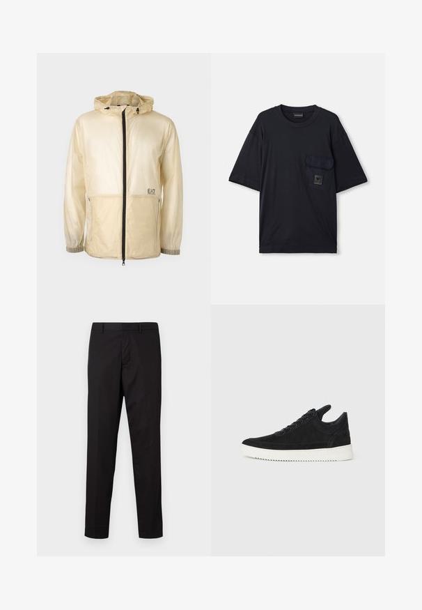 Kerge beež tuulekindel jakk kapuutsiga, millel on täispikk tõmblukk, elastsed mansetid ja tikandiga logo vasakul poolel.; Mustaga lühikese varrukaga ümaraks kaeluseks T-särk, millel on vasakul rinnal klapiga tasku, millel on väike ristkülikukujuline logo silt.; Mustad püksid sujuva ja kerge kangaga. Omab sirget lõiget, vöösildu ja lamedat esiosa koos tõmblukuga.; Must mustel kingad valge kummist tallaga, millel on toon-toonis õmblused ja paeltega disain. Sile tekstuur ja moodne, voolujooneline kuju.