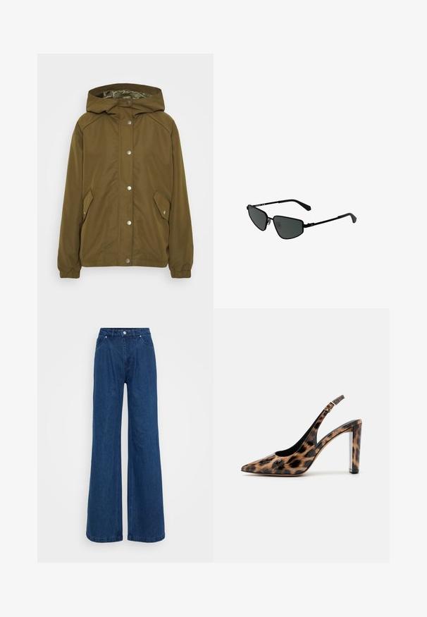 Olivengrønn lettvektsjakke med hette, trykknapplukking, to sidelommer og ribbestrikkede mansjetter. Glatt, vannavvisende stoff.; Sort ribbet t-skjorte med korte ermer og rund hals. Myk tekstur og tettsittende design, med rett kant og minimalistiske detaljer.; Bredde ben jeans i blå denim med høy midje, frontlås med knapp og glidelås, samt front- og baklommer mot en ensfarget bakgrunn.; Leopardmønstret slingback pumpsko med spidse tæer og gennemsigtig blokhæl. Lavet af glossy materiale med en glat tekstur.; Svarte metal solbriller med kantete rammer og mørke linser. Har tynne, rette armer og nesepads for en sikker passform.