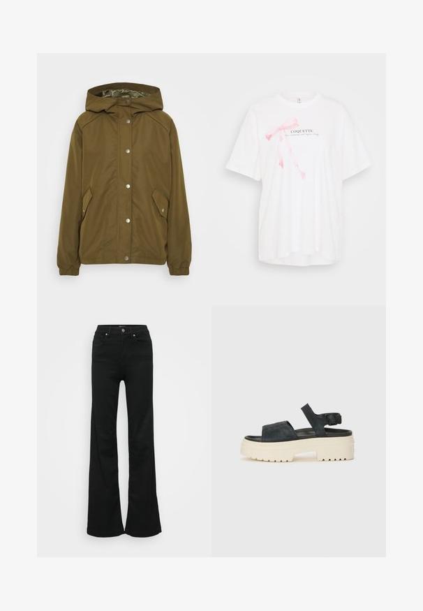 Olive zelena lahka jakna s kapuco, zapiranje na gumb, dve stranski žepi in ribani manšeti. Gladek, vodoodporen material.; Bela majica s kratkimi rokavi z roza pentljo in besedilom "COQUETTE" v črni barvi. Mehka tkanina z udobnim krojem.; Črne razširjene kavbojke iz denima, z visokim pasom, petimi žepi in kovinskim gumbom za zapiranje. Gladka tekstura z minimalnimi detajli.; Črne nubuk sandale na platformi z debelim belim podplatom, širokim sprednjim trakom in nastavljivim zapenjanjem okoli gležnja. Teksturiran podplat za boljši oprijem.