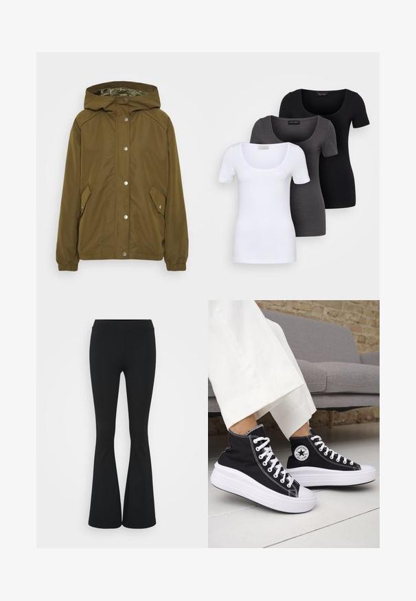 Casaco leve verde oliva com capuz, fecho de botão de pressão, dois bolsos laterais e punhos canelados. Tecido liso e resistente à água.; Três t-shirts ajustadas em branco, cinza e preto. Cada uma possui um decote amplo e mangas curtas. Feitas de um tecido liso e elástico.; Calças pretas de corte alargado feitas de tecido elástico, com uma cintura alta e uma textura suave. As calças alargam-se a partir do joelho.; Ténis pretos de cano alto com solas e atacadores em borracha branca. Apresentam um emblema redondo e costuras contrastantes em branco. Material em lona.