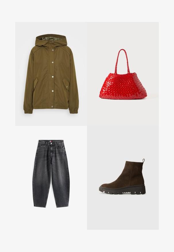 Jachetă ușoară de culoare verde măsliniu cu glugă, închidere cu butoane presă, două buzunare laterale și manșete cu model țesut. Țesătură netedă, rezistentă la apă.; Polo shirt albastru deschis cu mânecă lungă, cu dungi orizontale gri și alb și guler.; Jeans din denim negri cu talie înaltă și croială lejeră, având cinci buzunare, bucle pentru curea și etichetă de marcă pe talie.; Botină din suede maro, cu o talpă din cauciuc negru masiv, având un toc ușor și o bandă de prindere în spate pentru a fi ușor de îmbrăcat.; Geantă roșie din sfoară cu un finisaj lucios, având mânere împletite. Formă triunghiulară distinctivă și suprafață texturată cu un model strâns.