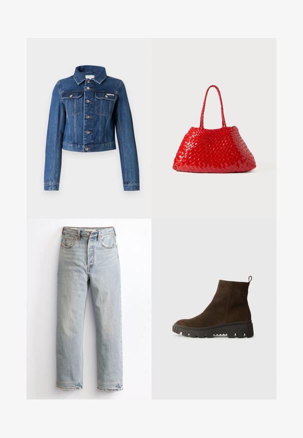 Modrá džínová bunda s dlouhými rukávy, stříbrnými knoflíky, dvěma náprsními kapsami a límcem; zkrácený střih s viditelnými švy.; Světle modrá polokošile s dlouhým rukávem, vodorovné šedé a bílé pruhy a límečkový výstřih.; Světle modré džíny s rovnými nohavicemi, s nařezaným lemem, měděnými nýty a klasickým pětipocketovým stylem.; Hnědé semišové kotníkové boty s masivní černou gumovou podrážkou, s mírným podpatkem a s poutkem na zadní straně pro snadné obouvání.; Červená tkaná kabelka s lesklým povrchem, vybavená pletenými ušima. Výrazný trojúhelníkový tvar a texturovaný povrch s hustým vzorem.