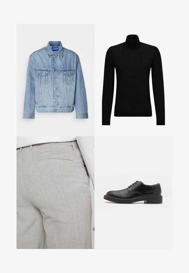 Világoskék farmerdzseki gombos elülső résszel, két mellzsebbel és egy márkázott kék folttal a bal felső oldalon. Klasszikus gallér és mandzsetták.; Fekete garbó pulóver puha anyagból, hosszú ujjakkal és szoros fazonnal. Ribbed díszítés az alján és az ujjak végén. Egyszerű dizájn.; Világosszürke, texturált anyagból készült szabott nadrág, egyetlen hátsó zsebbel és tiszta varrással.; Fekete bőrcipő, kerek orrú, sima felületű, minimális varrással és alacsony gumitalppal. Logó a sarokrészen.