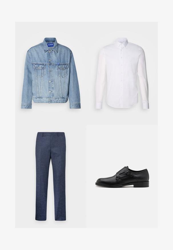 Lyseblå denimjakke med knapplukking foran, to brystlommer og et merket blått merke på øvre venstre side. Klassisk krage og mansjetter.; Hvit langermet skjorte med knapper laget av bomull, med klassisk krage, frontknapper og minimal sømdetalj.; Marineblå bukser laget av et teksturert stoff, med rette ben, flat front og to sidelommer. Ingen synlige mønstre eller detaljer.; Sorte lærdressko med doble spenner, slank silhuett og rund tå. Har lav hæl og glatt tekstur.