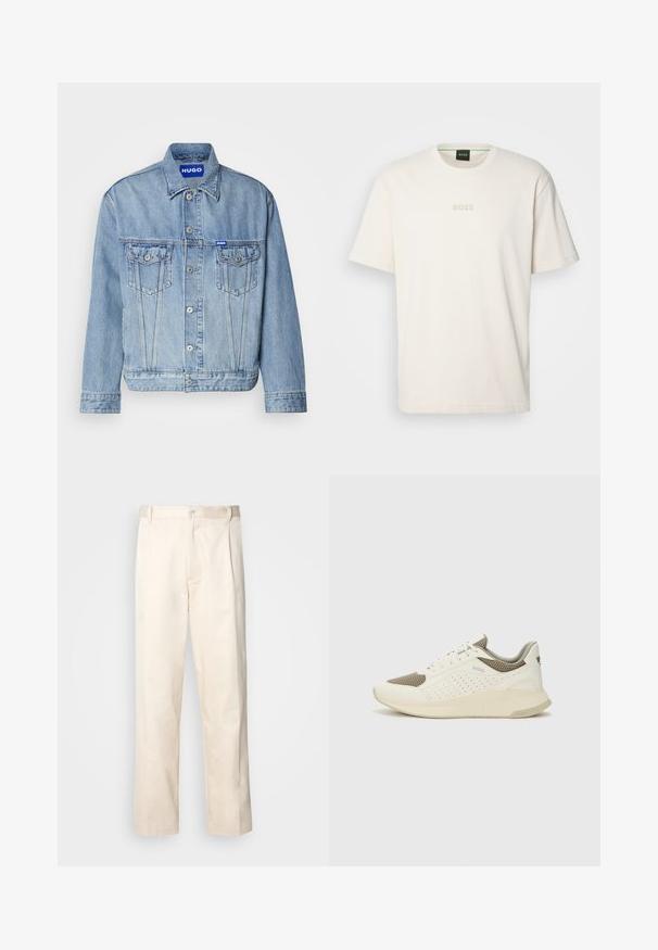 Svjetloplavi traper jakna s gumbima sprijeda, dva džepa na prsima i plavi brendirani pečat na gornjoj lijevoj strani. Klasični ovratnik i manžetne.; BOSS TEE - Osnovna majica kratkih rukava - open white; Bežaste pamučne hlače ravnog kroja s kopčanjem na dugme i plisiranjima sprijeda za dodatni detalj.; Bijele i svijetlosmeđe sportske tenisice, sa mrežastim gornjim dijelom, perforiranim detaljima i teksturiranim međutrakom sa brendom na peti.