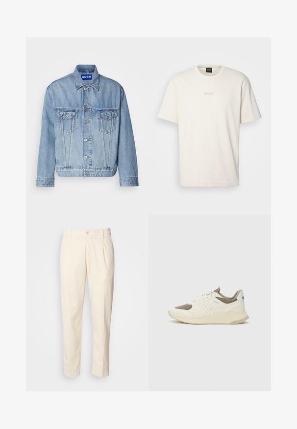 Svetlo moder traper jakna z gumbnim zapiranjem spredaj, dvema žepoma na prsih in blagovno znamko modro oznako na zgornji levi strani. Klasičen ovratnik in manšete.; BOSS TEE - Navadna majica - open white; Kremni bombažni hlače s ravnim krojem, ki vključujejo sprednje nabore, gumbasto zapiranje in stranske žepe. Gladka tekstura.; Beli in svetlo bež športni copat, s mrežastim zgornjim delom, perforiranimi detajli in teksturirano srednjim delom z blagovno znamko na peti.