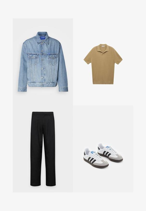 Vaaleansininen farkkutakki, jossa on nappikiinnitys edessä, kaksi rintataskua ja brändätty sininen logo vasemmassa yläkulmassa. Klassinen kaulus ja hihansuut.; Lyhythihainen polo-paita vaaleanruskeasta ribbikankaasta; siinä on lovetukka ja suora helma, sekä koko kankaan läpi kulkevat teksturoidut viivat.; Mustat housut, jotka on valmistettu sileästä kankaasta, suoran lahkeen muotoilulla, kahdella etupleekillä ja tavanomaisella vyötäröllä, jossa on vyölenkit.; Urheilukengät, joissa on valkoinen nahkainen päällinen, harmaa mokkanokka ja kolme mustaa raitaa. Ominaisuuksina sininen logo kielekkeessä ja kuvioitu kumipohja.