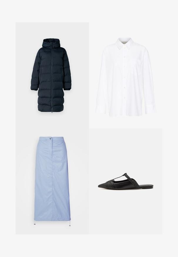 Cappotto imbottito di un blu navy scuro con cappuccio, chiusura a zip completa, design trapuntato e maniche lunghe. Presenta un taglio dritto e tasche laterali.; Camicia bianca a maniche lunghe con colletto in cotone. Caratterizzata da una chiusura con bottoni e una tasca sul petto singola. Tessuto liscio, vestibilità comoda.; Gonna blu chiaro, di lunghezza media, realizzata in materiale liscio e leggero con taglio dritto, dotata di chiusura con bottoni frontali e orlo con cordoncino.; Scarpa slingback in pelle nera con punta appuntita, con un dettaglio intrecciato e un design superiore plissettato. Suola piatta con hardware minimale.