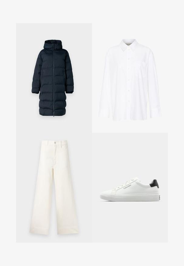Cappotto imbottito di un blu navy scuro con cappuccio, chiusura a zip completa, design trapuntato e maniche lunghe. Presenta un taglio dritto e tasche laterali.; Camicia bianca a maniche lunghe con colletto in cotone. Caratterizzata da una chiusura con bottoni e una tasca sul petto singola. Tessuto liscio, vestibilità comoda.; Pantaloni a gamba larga in cotone beige chiaro. Caratterizzati da vita alta, tasche anteriori e un taglio dritto. Orlo pulito senza motivi.; Sneaker bianca con finitura liscia, accentuazione nera sul tallone e design con lacci. Presenta il marchio "Calvin Klein" sul lato. Stile minimalista.