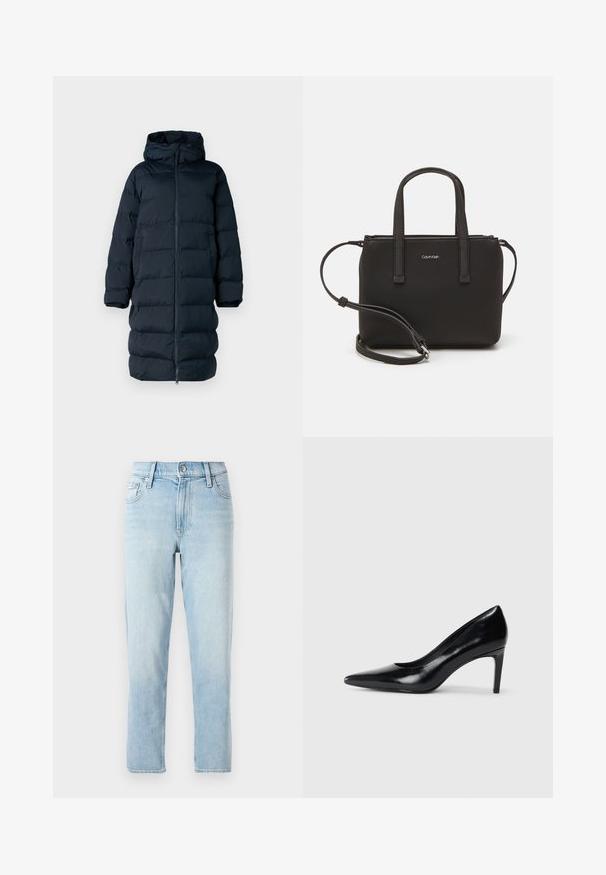 Zateplený tmavě námořnický kabát s kapucí, plným zipem, prošívaným designem a dlouhými rukávy. Obsahuje rovný střih a boční kapsy.; Bílý bavlněný tričko s krátkým rukávem, kulatým výstřihem a volnějším střihem. Hladká textura, bez vzorů nebo akcentů, minimalistický design.; Světle modré denimové džíny, rovný střih, střední výška pasu, s pěti kapsami a zapínáním na knoflík vpředu.; Černé kožené boty na vysokém podpatku s špičatou špičkou, hladkým povrchem a zúženým podpatkem. Minimalistický design, bez dalších ozdob.; Černá kabelka s dvojitými krátkými uchy a odnímatelným ramenním popruhem. Hladký koženkový materiál s uzávěrem na zip a detailem loga.