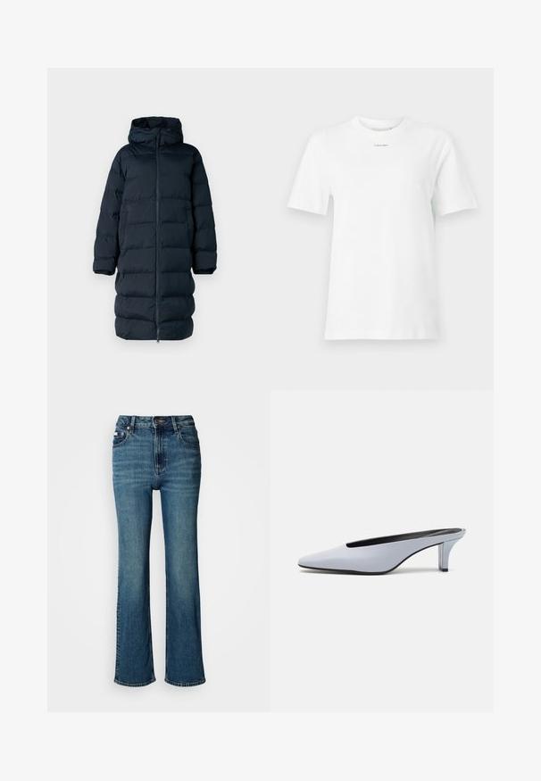 Polstret mørkeblå jakke med hætte, fuld lynlås, quiltet design og lange ærmer. Har en lige pasform og sidelommer.; Hvid bomulds t-shirt med rund hals, korte ærmer og et lille sort "Calvin Klein" logo på brystet. Enkel design uden mønstre.; Højtaljede blå jeans lavet af denim, med lige ben design, subtil fading, og en standard knap- og lynlås lukning.; Lys blå patentlæder mule med spids tå, lav gennemsigtig hæl og et elegant design med udskæring ved vamps.