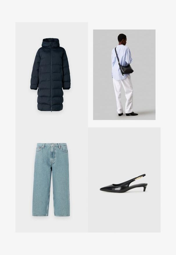 Vysoký tmavomodrý kabát s kapucňou, plným zipsom, prešívaným dizajnom a dlhými rukávmi. Má rovný strih a bočné vrecká.; Čierne bavlnené tričko s okrúhlym výstrihom, krátkymi rukávmi a vyšívaným logom na hrudi. Jednoduchý, voľný strih bez vzorov.; Svetlomodré džínsové kraťasy s vysokým pásom, priame strih a nerovný lem. Obsahujú klasické zapínanie na gombík a zips, štyri vrecká.; Čierne kožené slingback opätky s špicatou špičkou, s úzkym opätkom a zlatým detailom na nastaviteľnom remienku. Hladká textúra.; Čierna kožená ramenná taška so mäkkou textúrou, trojuholníkovým tvarom a nastaviteľným popruhom, skombinovaná s svetlomodrou pruhovanou košeľou a bielymi nohavicami.