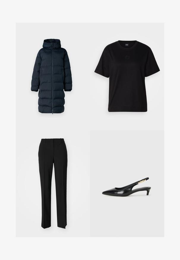 Pildīts tumši zilais mētelis ar kapuci, pilnu rāvējslēdzēja aizdari, glaudītu dizainu un garām piedurknēm. Ar taisnu griezumu un sānu kabatām.; Melna kokvilnas T-krekls ar apaļu izgriezumu, īsām piedurknēm un izšūtu logotipu uz krūtīm. Vienkāršs, brīvs piegriezums bez rakstiem.; Melnas pielāgotas bikses ar taisnu kāju dizainu, kas raksturojas ar gludu faktūru un asiem krokām pa priekšu. Nav redzamu metāla detaļu.; Melnas ādas slingback zābaki ar smailu purngalu, ar šauru papēdi un zelta krāsas akcentu uz regulējama siksniņas. Gluda tekstūra.