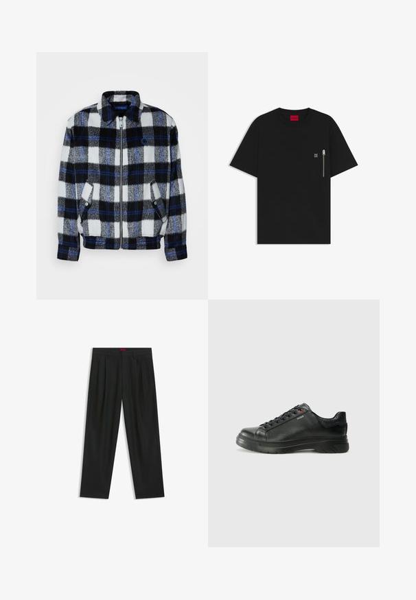 Giacca in pile con motivo a quadri nero, bianco e grigio, con dettagli in blu. Caratterizzata da una zip frontale e tasche laterali, con un colletto.; T-shirt nera in cotone, con collo rotondo, maniche corte e taschino sul petto con dettaglio della cerniera argentata. Piccolo logo sulla tasca.; Pantaloni neri con un design plissè, forma a gamba larga e texture liscia. Presentano un'etichetta rossa in vita.; Sneaker nera in pelle con superficie testurizzata, collo imbottito e dettaglio logo rosso. Presenta una suola in gomma spessa con un motivo di battistrada distintivo.