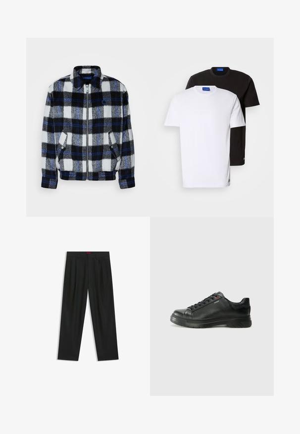 Fleece jacket in a black, white, and gray plaid pattern with blue accents. Features a front zipper and side pockets, with a collar.; Two T-shirts stacked: one white and one black. Short sleeves, round necklines, cotton fabric. Features a small blue logo at the neckline.; Black trousers with a pleated design, wide leg shape, and a smooth texture. Features a red waistband tag.; Black leather sneaker with textured upper, padded collar, and red logo detail. Features a thick rubber sole with distinct tread pattern.