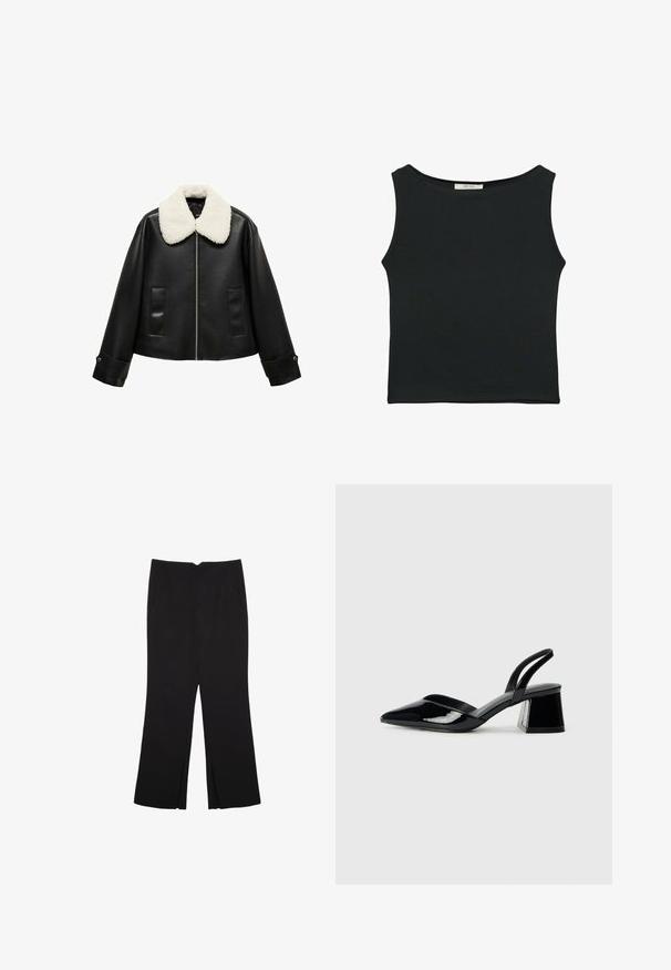 Mango Imiteret læderjakke - black; Sort ærmeløs top i glat stof, med rund halsudskæring og en tætsiddende pasform uden synlige mønstre eller udsmykninger.; Sorte bukser med lige pasform, der har frontlommer og slidser i kanten. Lavet af blødt, glat stof. Velegnet til forskellige anledninger.; Sorte patentlæder slingback hæle med spids tå og en geometrisk blok hæl. Har et elegant, minimalistisk design og en glat tekstur.
