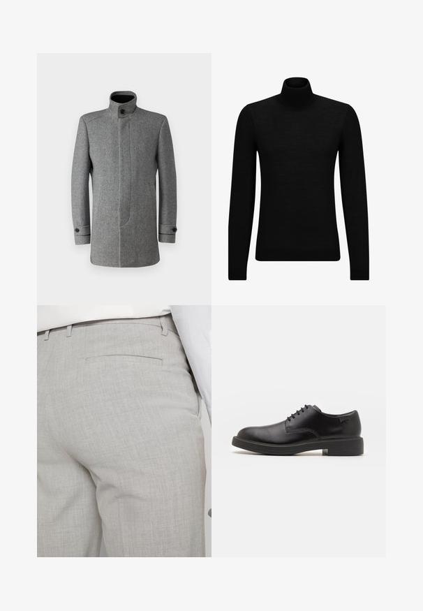 Grå ullblandingsfrakk med høy krage, knappelukking, sidelommer og teksturert herringbone-mønster.; Svart genser med høy hals laget av mykt materiale, med lange ermer og en tettsittende passform. Ribbestrikket kant nederst og ved ermene. Enkelt design.; Lysegrå skreddersydde bukser laget av teksturert stoff, med en enkelt baklomme og rene sømmer.; Svart lær snøre sko med rund tå, glatt tekstur, minimal søm, og lav gummihæl. Logo på hælen.