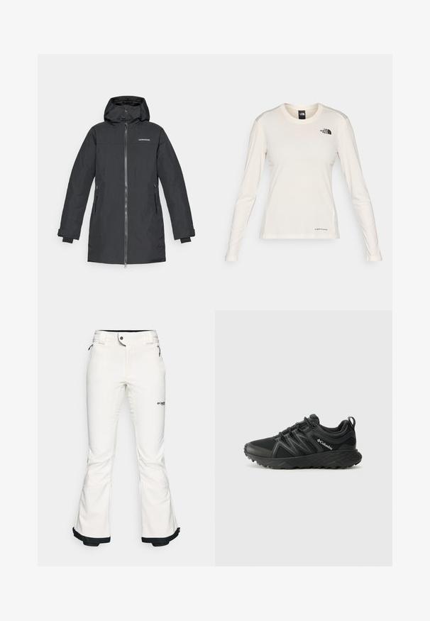 Chaqueta exterior negra con capucha, cierre de cremallera, bolsillos laterales y puños ajustables. Fabricada con un material liso y resistente a la intemperie.; The North Face SHADOW LONG SLEEVE - Camiseta de manga larga - white dune; Pantalones de esquí blancos hechos de un material suave y flexible. Presentan una cintura ajustada, piernas anchas y acampanadas, y un ribete negro en los puños. Logo de la marca visible.; Columbia PEAKFREAK - Zapatillas de senderismo - black