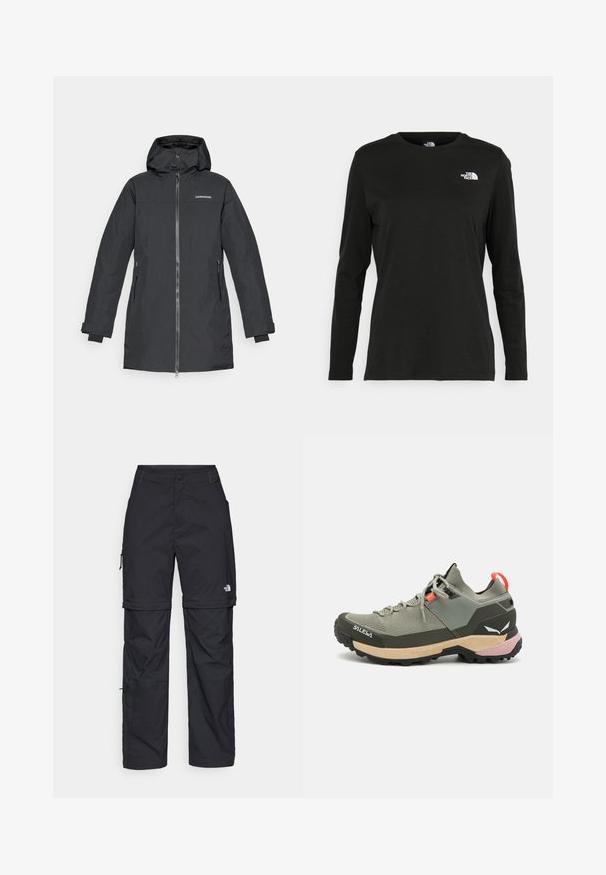 Fekete vízálló parka kapucnival, elülső cipzárral, két oldalsó zsebbel és rugalmas mandzsettákkal a nagyobb kényelem érdekében. Márkalogó a mellkason.; Fekete, hosszú ujjú póló pamutból, kerek nyakkal. A bal mellrészen egy kis fehér logó található. Egyszerű dizájn és szabás.; Fekete nylon zipzáras cargo nadrág állítható mandzsettával, több zsebbel és logóval a jobb lábon. Simább, könnyű textúra.; Könnyű zöld túracipő hálós és gumiból készült anyagokkal, fekete tapadós talppal, rózsaszín és narancssárga részletekkel, és megerősített orrrész.