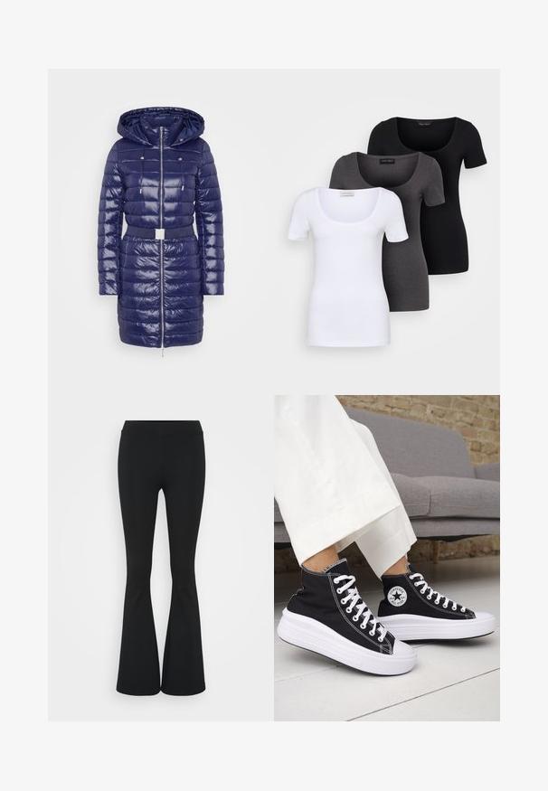 Jūras spēku zilas krāsas pūkains mētelis ar mirdzošu apdari, pildīta konstrukcija, kapuce ar virkni un josta viduklī. Iekļauj priekšējo rāvējslēdzēju un sānu kabatas.; Trīs pieguļoši T-krekli baltā, pelēkā un melnā krāsā. Katram ir plaša izgriezuma kakla un īsas piedurknes. Izgatavoti no gluda, elastīga auduma.; Melnas izplešanās bikses, izgatavotas no elastīga auduma, ar augstu vidukli un gludu tekstūru. Bikses izvēršas no ceļa.; Melnas augstās topa kedas ar baltām gumijas zolēm un auklām. Tās ir ar apaļu logotipa uzšuvumu un kontrastējošām baltām šuvēm. Materiāls no kanvas.