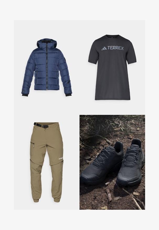 Mornarska puffer jakna z kapuco, z zadrgo spredaj in dvema stranskima žepoma. Ima prešite dele in rebraste manšete za dodatno toploto.; Črna majica s kratkimi rokavi iz lahkega materiala, ki ima odtisnjen svetlo sivi logotip "TERREX" čez prsi in okrogel izrez.; Bež outdoor hlače s pasom, žepoma na zadrgo na straneh in elastičnimi manšetami. Imajo zasnovo z odpetjem na zadrgo za večjo uporabnost in gladko teksturo.; Črne športne čevlje z teksturiranim pletenim zgornjim delom, ojačanim prstom in podplatom s podlogo, prikazane na zemeljskem terenu z raztresenimi vejicami.