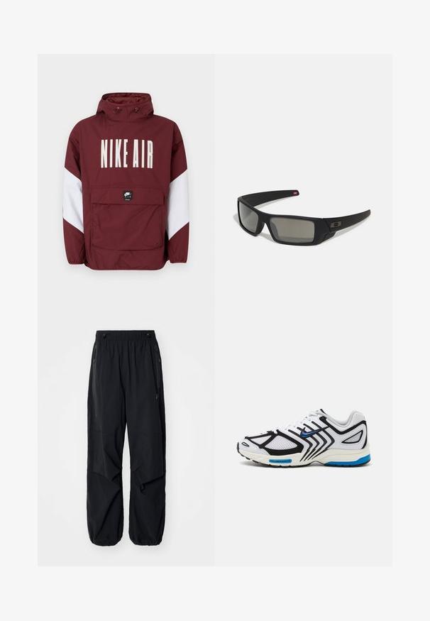 Raudona Nike Air striukė su gobtuvu, didelis baltas logotipas priekyje ir balti akcentai ant rankovių. Yra priekinė kišenė ir elastingos rankogaliai.; Juodos spalvos trumpas rankovės sportinis marškinėlis su geltonais akcentais ir apvaliu "90" logotipu. Marškinėliai turi žalią apykaklę ir tekstūruotą audinį.; Juodos lengvos krovininės kelnės su elastinga juosmeniu, šoninėmis užtrauktukais ir erdviomis kišenėmis. Turi laisvą prigludimą ir siaurėjančius rankogalius.; Baltas sportinis batelis su juodais akcentais, tinkleliais ir mėlynomis detalėmis. Ypatybėms priskiriamas tekstūruotas padas ir elegantiškos dizaino linijos.; Juodi akiniai saulės su matinio paviršiaus užbaigimu, stačiakampiai lęšiai, švelnus lenkimas ant šventyklų, subtilus logotipo detalizavimas ir dūminiai lęšiai.