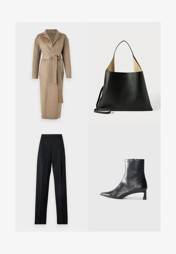 Filippa K ALEXA COAT - Klassischer Mantel - moss grey; Schwarzer Langarmrollkragenpullover mit gerippten Bündchen und Saum, auf einem schlichten weißen Hintergrund präsentiert.; Schwarze Hosen aus glattem Stoff mit hoher Taille, weitem Bein, vorderen Falten und klassischen Gürtelschlaufen. Keine sichtbaren Seitentaschen.; Schwarze Lederstiefelette mit spitzer Zehe und schlankem Design. Verfügt über einen niedrigen Absatz und einen Reißverschluss hinten. Glatte Textur.; Schwarze Leder-Tote mit einem geräumigen, eckigen Design. Verfügt über ein kontrastierendes, hellbraunes Innenfutter und einen dünnen Schulterriemen. Minimalistisches Branding ist angebracht.