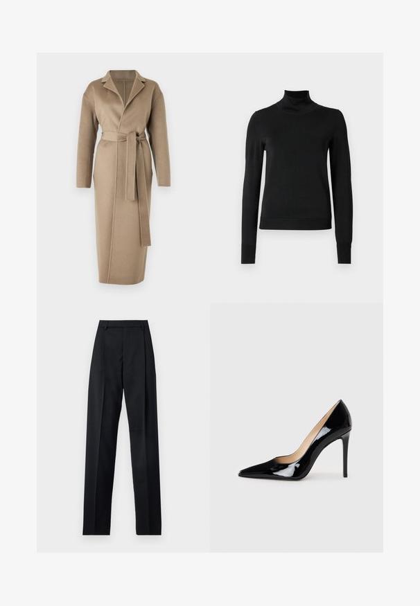 Filippa K ALEXA COAT - Κλασικό παλτό - moss grey; Μαύρο μακρυμάνικο πουλόβερ με ψηλή λαιμόκοψη και ριγωτές μανσέτες και τελείωμα, το οποίο είναι παρουσιασμένο σε απλή λευκή φόντο.; Μαύρο παντελόνι φτιαγμένο από λείο ύφασμα με ψηλή μέση, φαρδιές γάμπες, πλάγιες πιέτες και κλασσικές θηλιές ζώνης. Δεν υπάρχουν ορατές πλαϊνές τσέπες.; Μαύρη παπούτσια γόβες από πατεντέ δέρμα με σχέδιο σε μυτερή μύτη και κομψό σιλουέτα. Διαθέτει λείο, γυαλιστερό φινίρισμα και λεπτό τακούνι στιλέτο.