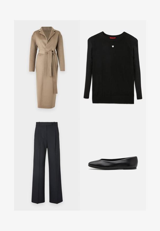 Filippa K ALEXA COAT - Klassischer Mantel - moss grey; Schwarzer Strickpullover mit langen Ärmeln, Rundhalsausschnitt und einem kleinen weißen Herz auf der Brust. Weiche Textur sowie gerippte Bündchen und Saum.; Dunkelblaue Nadelstreifenhosen mit hoher Taille, weit geschnittenem Bein und ohne sichtbare Beschläge oder Verzierungen. Glatte Textur und taillierte Passform.; Paul Smith TOPANGA - Klassischer Ballerina - black