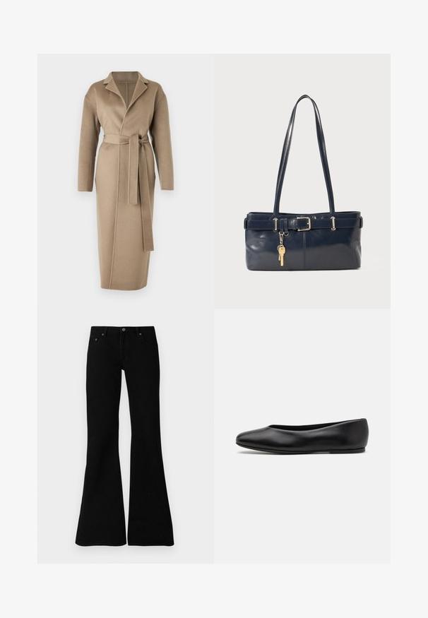 Filippa K ALEXA COAT - Cappotto classico - moss grey; Maglione nero a maniche lunghe con colletto a dolcevita realizzato in tessuto morbido, caratterizzato da un collo arricciato e una silhouette aderente con bordi semplici.; Jeans neri a zampa d'elefante realizzati in denim, con un classico design a cinque tasche, chiusura con bottone e dettagli di cucitura sottili lungo le cuciture.; Paul Smith TOPANGA - Ballerine - black; Borsa a mano in pelle blu con due manici lunghi, un dettaglio con fibbia e un portachiavi attaccato. Presenta una texture liscia e una forma rettangolare.