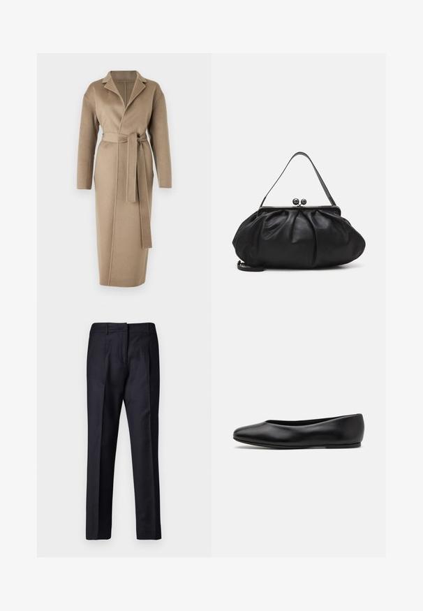 Filippa K ALEXA COAT - Mantel - moss grey; Zwarte langärmelige turtleneck top van soepel stof, met een gerimpelde hals en een aansluitende silhouet met eenvoudige randen.; Marineblauwe op maat gemaakte broek met een gladde textuur, voorzien van een rechte taille, dubbele plooien en ceintuurlussen. Rechtingesneden pijpen, afgewerkte zoom.; Paul Smith TOPANGA - Ballerina's - black; Zwarte leren handtas met een afgerond, geplooid ontwerp. Voorzien van een metalen sluiting met twee decoratieve bollen en een smalle, afneembare schouderband.