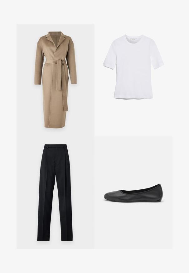 Filippa K ALEXA COAT - Klassisk frakke - moss grey; Hvid kortærmet t-shirt lavet af ribbet stof. Rund halsudskæring, almindelig pasform og subtile syninger. Ingen mønstre eller grafik.; Sorte bukser lavet af glat stof, der har høj talje, brede ben, frontfolder og klassiske bælteløkker. Ingen synlige sidelommer.; Sort læderballetsko med rund tå, glat tekstur, minimal syning og et fleksibelt såldesign.