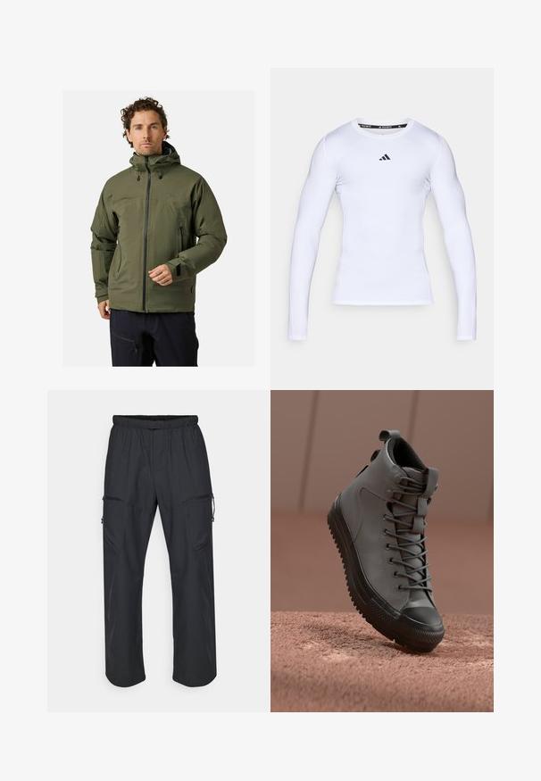 Grön vattentät jacka med hög krage, justerbar huva, framsidan med dragkedja och sidofickor. Har en slät, flexibel tygtextur.; Vit långärmad träningsskjorta i elastiskt material, med rund halsringning och en svart Adidas-logotyp på bröstet.; Svarta cargo-byxor med elastisk midja, två fickor med dragkedja och ett lätt, slätt tyg.; Högskor i grått läder med svart gummitåhätta, texturerad ovandel och grå snören. Har ett dragband vid hälen.