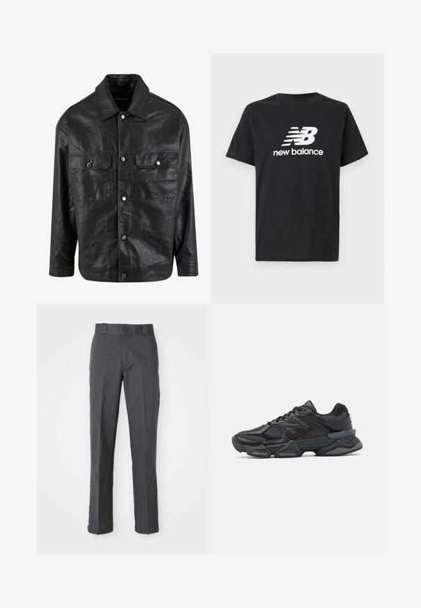 Schwarze Lederjacke mit einer knöpfbaren Front, zwei Brusttaschen und einem spitzen Kragen, die eine glatte Textur und ein minimales Design aufweist.; Schwarzes Baumwoll-T-Shirt mit einem weißen New Balance-Logo und Grafikdesign auf der Vorderseite. Kurze Ärmel und Rundhalsausschnitt.; Dunkelgraue Hose aus Baumwollmischung mit geradem Bein, vorderen Taschen und einem Knopfverschluss an der Taille.; Schwarzer Laufschuh mit einer Mischung aus Mesh- und sinthetischen Materialien, dicke Sohle, geschwungenes Design und auffälliger Markenkennzeichnung an der Seite.